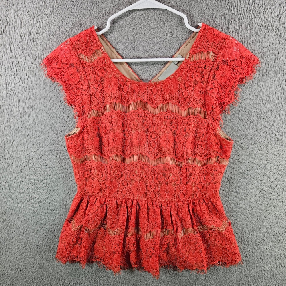 Maeve Anthropologie Red Floral Lace‎ Peplum Top Cap Sleeve V-Neck Size Medium
